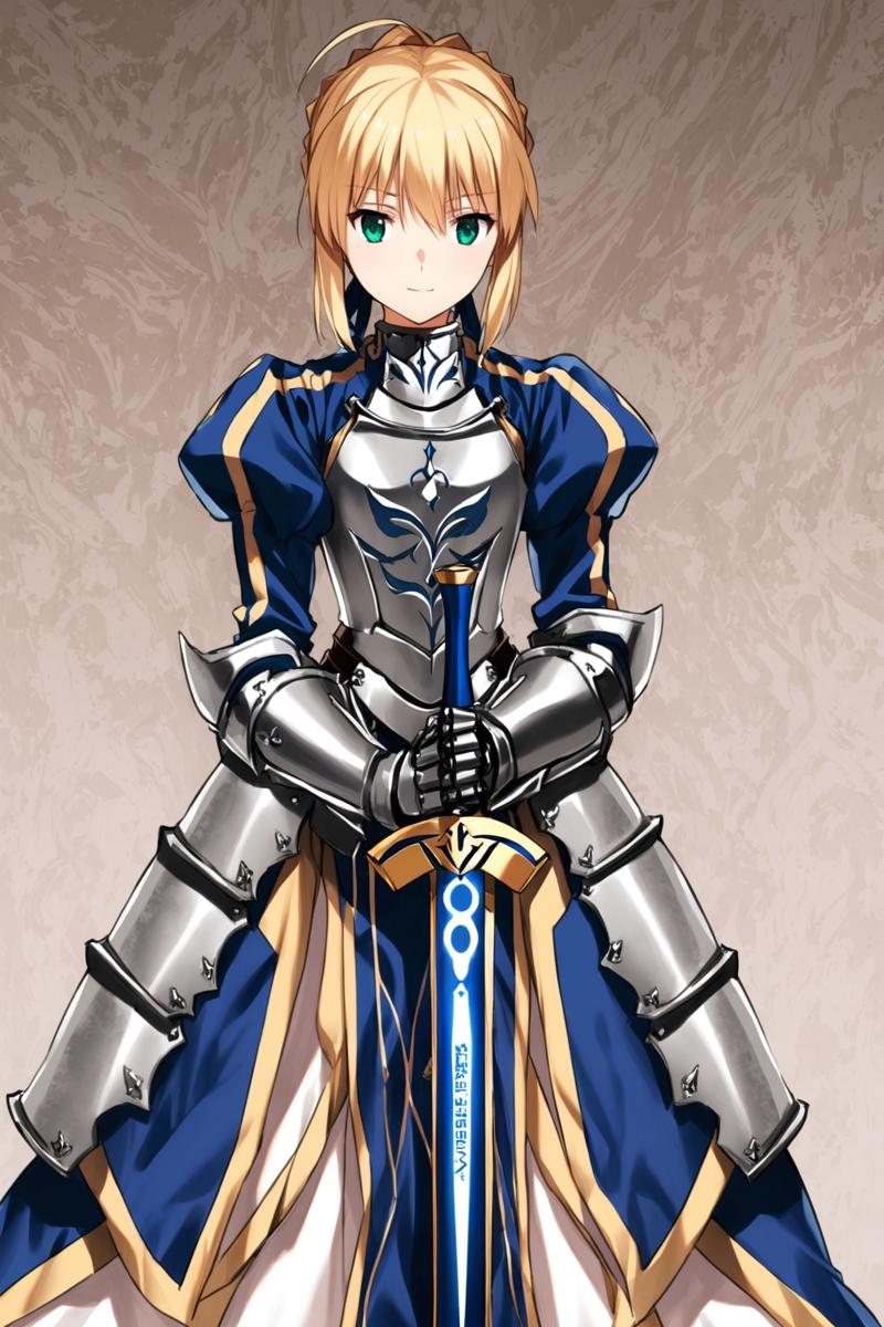 29455-3438413082-1girl,solo,saber,artoria pendragon (fate),blonde hair,weapon,ahoge,sword,armor,green eyes,standing,white dress,gauntlets,excalib.png